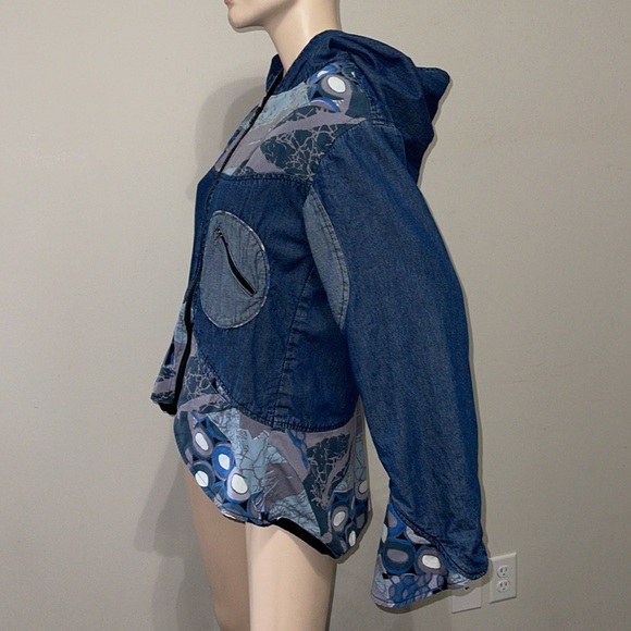 Denim Hooded Geometric Zip Up Coat XL - Picture 10 of 12